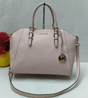Michael Kors Ciara Pink Crossgrain Leather Zipper Double Handles Satchel Bag